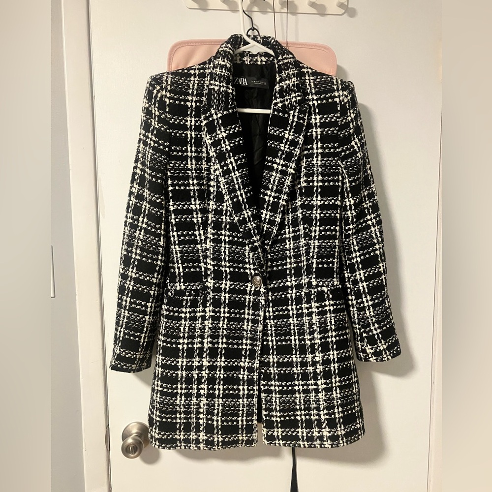 ZARA TEXTURED TWEED LONG BLAZER STRUCTURED JACKET